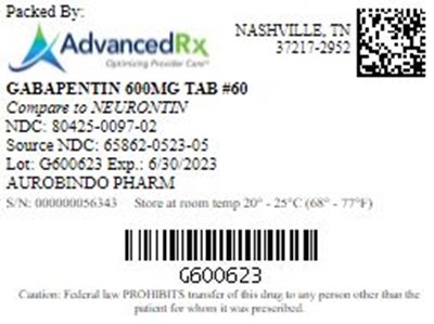 Gabapentin 600mg Tab Qty 60 Ndc 80425 0097